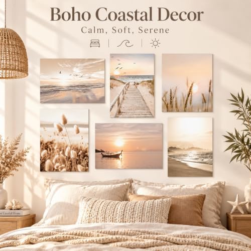 Beach Wall Art Boho Coastal Wall Decor, Neutral Beige Ocean Beach Pictures Wall - Image 3