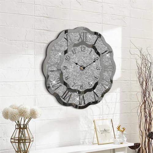 Crushed Diamond Mirrored Wall Clock Silver Modern Crystal Clocks - Image 2