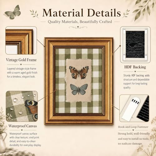 Gold Framed Wall Art, Vintage Gingham Butterfly Canvas Prints – Farmhouse - Image 4