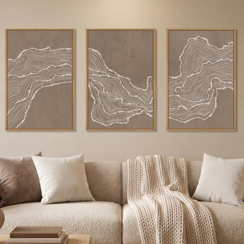 Abstract Neutral Wave Line Framed Canvas Wall Art Set-16"x24"x3 by Celestdeco