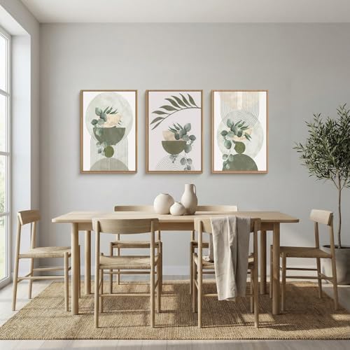 FWIEXA Sage Green Plant Canvas Wall Art Set 3, Abstract Geometric Line - Image 4