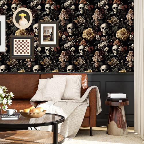 BOKEBEVE Gothic Skull Peel and Stick Wallpaper Vintage Black 17.5 x 393.5In - Image 2