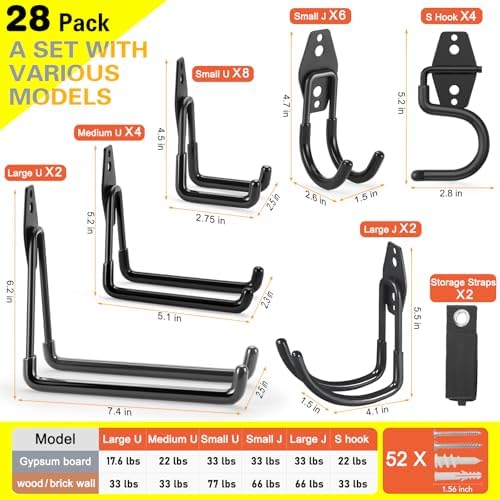 28 Pack Heavy Duty Garage Hooks, Utility Wall Mounted Storage System, - Image 3