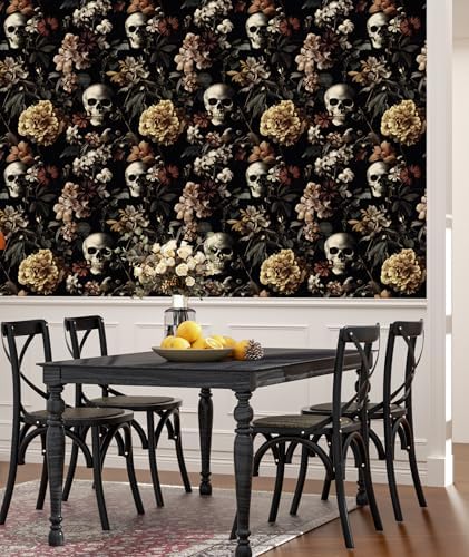 BOKEBEVE Gothic Skull Peel and Stick Wallpaper Vintage Black 17.5 x 118In - Image 3