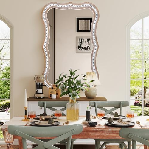 36x24 Inch Wavy Mirror for Wall Decor, Wooden Bathroom Decorative Mirrors - Image 5