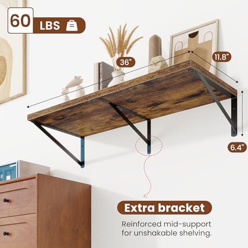Deep Wall Shelves 36"W x 12"D Engineered Wood Floating Shelves - Image 3