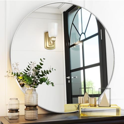 VooBang Silver Round Bathroom Mirror 30", Thin Metal Frame Wall Mirror by VooBang