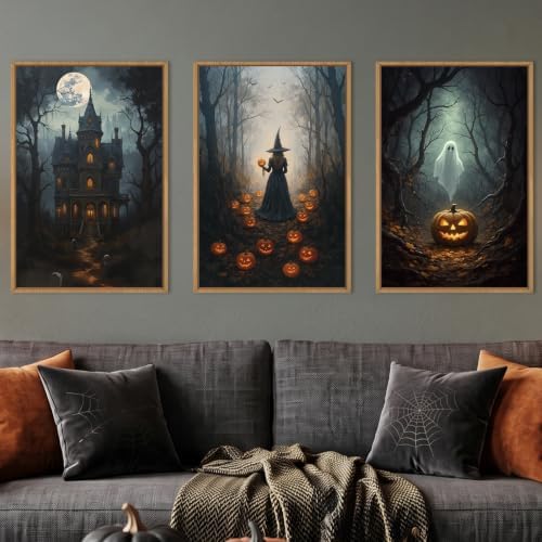 Ausril Halloween Moon Castle Framed Canvas Wall Art Set, Scary Dark Forest by Ausril