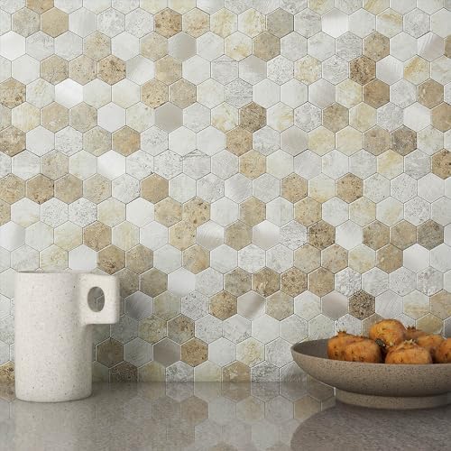 Peel and Stick Backsplash Hexagon Marble Tiles Castle Brown 10pcs by MOFIT