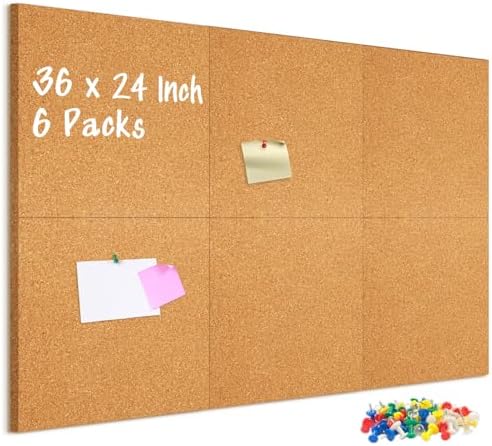 DOLLAR BOSS Cork Board Tiles, 6 Packs 12" x 12" 1/2" Thick Bulletin Board by DOLLARBOSS