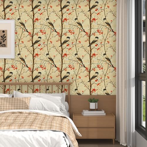 Laatse Vintage Yellow Red Bird Floral Botanical Wallpaper 17.5"x393" - Image 4