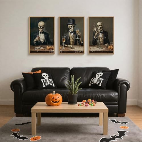 FWIEXA Halloween Skeleton Canvas Wall Art Set of 3, Gothic Skull Framed - Image 2