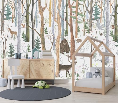 XMPMBM-Cartoon Hand-Painted Animals Woodland Nursery Room Fabric Wallpaper - Image 3