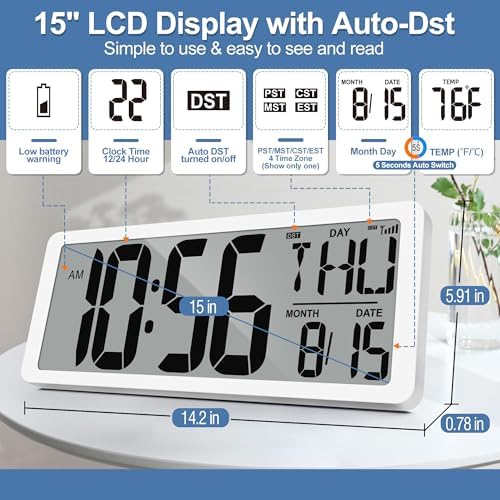 Atomic Clock 14.9" Digital Wall Clock Battery Operated Atomic Wall Clock Large - Image 4