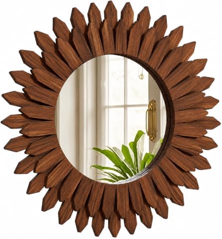 20" Walnut Round Sunburst Wooden Mirror Boho Rustic Wall Decor by VETROVUE