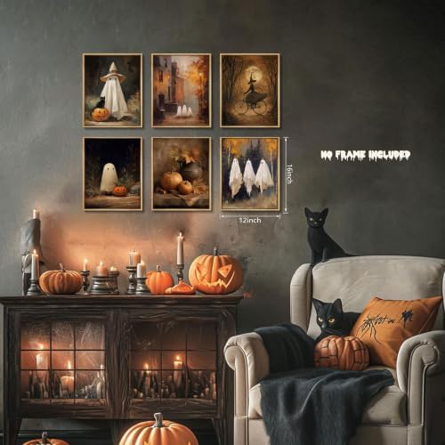 HTTART Vintage Halloween Ghost Poster Set of 6, Gothic Cute Ghost Witch Canvas - Image 3