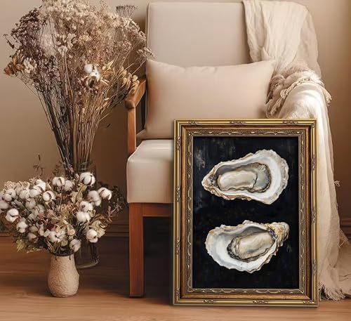 Vintage Gold Framed Oyster Wall Art Dark Moody Seafood Shell Shel Painting - Image 5