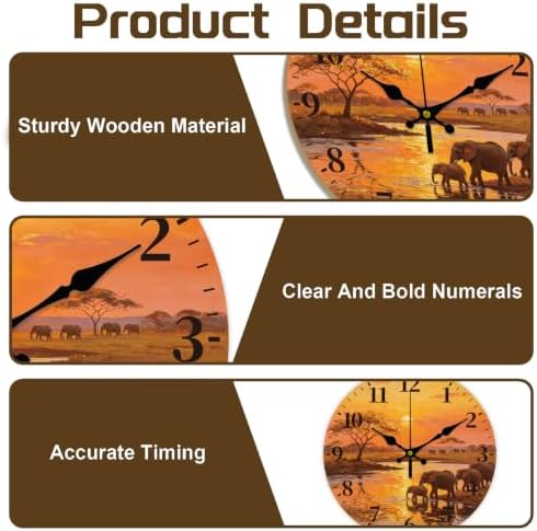 African Elephant Wall Clock Silent Non-Ticking 12" - Image 3