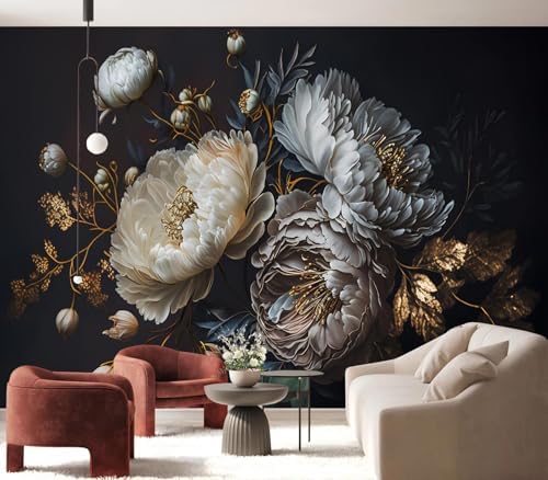 Exquisite Dark White Peony & Gold Floral Wallpaper - Image 2