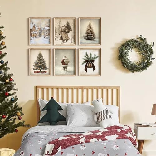 uniro Vintage Christmas Wall Art Set of 6pcs, Santa Claus Prints, Neutral - Image 6