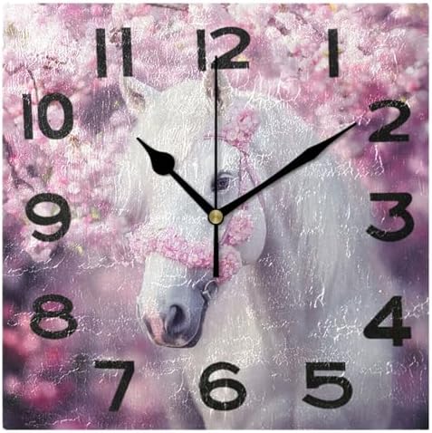 Beautiful Pink Cherry Garden White Horse Square Wall Clock, 8 Inch Standard Non by Peystean