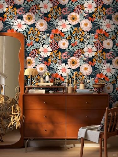 HAOKHOME Navy Floral Peel and Stick Wallpaper Boho Mural 17.3in x 32.8ft - Image 3