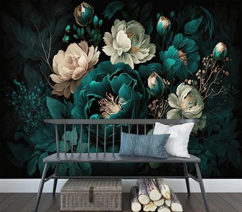 Luxurious Moody Dark Teal & Cream Floral Wallpaper Wall Decor - Image 3