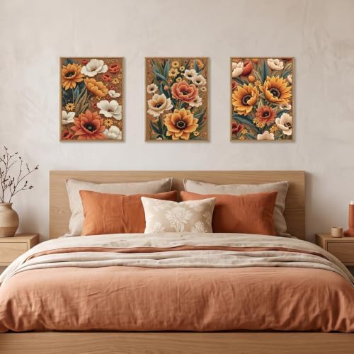 Boho Flower Botanical Framed Canvas Wall Art, Abstract Floral Wall Decor - Image 4