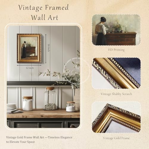 uniro Vintage Gold Framed Wall Art, Vintage Woman Portrait Canvas Art Prints - Image 2
