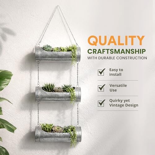 GoCraft Hanging Wall Planter, 3 Tier Galvanized Metal, 12 Inch, Rustic - Image 6