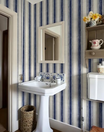 Safiyya Wallpaper Peel and Stick Blue and Cream White Striped 17.3"x393" - Image 3