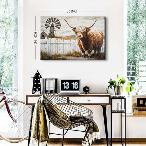 Country Farm Autumn Landscape Canvas Wall Art Vintage Longhorn Cow Pictures - Image 3