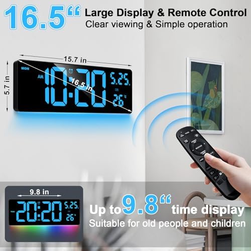 16.5" Digital Wall Clock, 6-Color Dimmable Night Light - Image 3