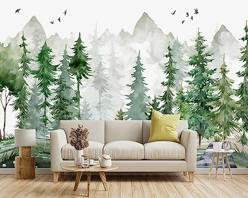 -Green Cartoon Pine Forest Nursery Fabric Wallpaper - Image 2