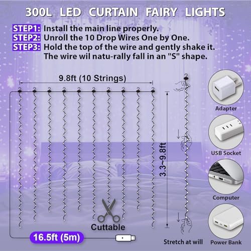 HXWEIYE 300LED Fairy Curtain Lights, 9.8x9.8Ft USB, 8 Modes & Timer - Image 5