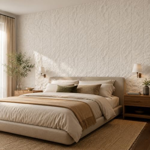 VooBang 3D Rough Stone Texture PU Wall Panels, 4 Pack 24"x48" Ivory White - Image 4