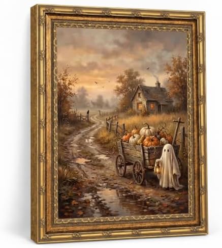 Vintage Gold Framed Ghost Pumpkins Spooky Halloween Wall Art 12x16Inch by QWETYY666WallArt