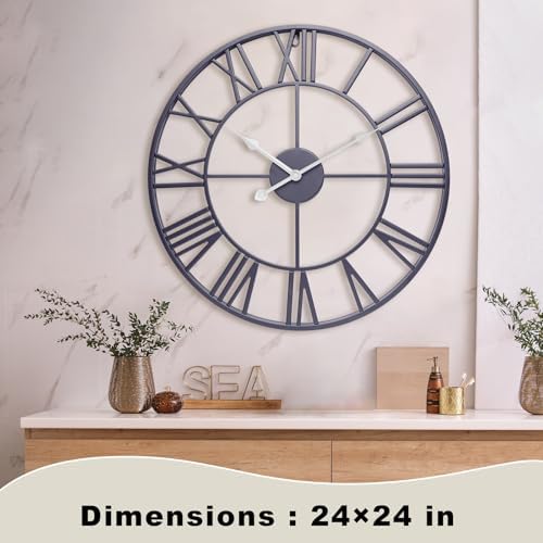 24 Inch Slate Gray Metal Big Roman Numerals Large Wall Clocks - Image 2
