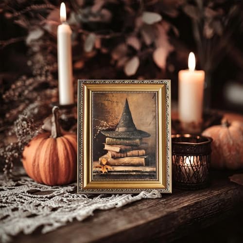 uniro Vintage Gold Framed Wall Art, Vintage Witch Hat Books Halloween Painting - Image 3