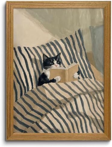 Framed Whimsical Wall Art Tuxedo Cat Reading Book Canvas Print Decor by ZMDDYSWallArt