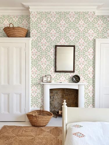 Heroad Vintage Damask Floral Peel Stick Wallpaper Green/Pink Contact Paper - Image 4