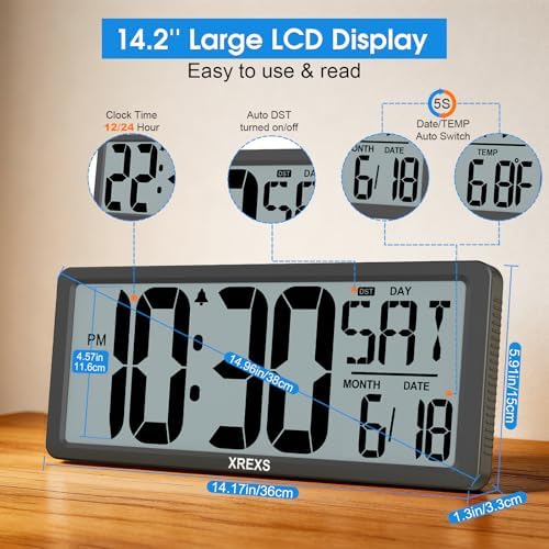 XREXS 14.17 Inch Large Digital Wall Clock, Battery Operated Alarm Clock - Image 2