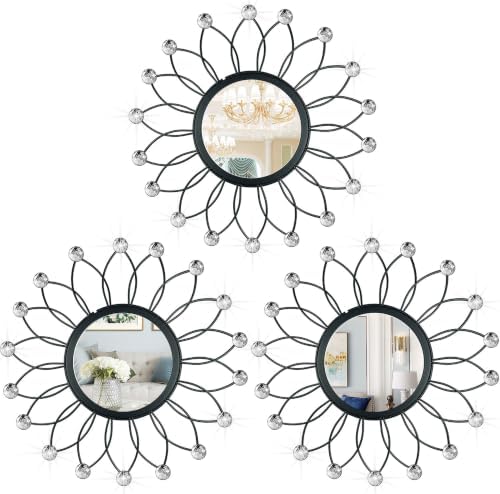 3 Pack Metal Mirrors for Wall Sunburst Wall Mirror Black Crystal Wall Art by Uaussi