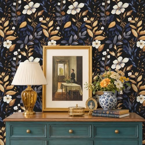 Laatse Vintage Dark Blue Gold Floral Peel and Stick Wallpaper 17.5"x118" - Image 3