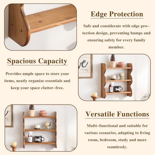100% Solid Wood Wall Shelf 3-Tier, Rustic Floating Shelves Wall Mounted Storage - Image 5