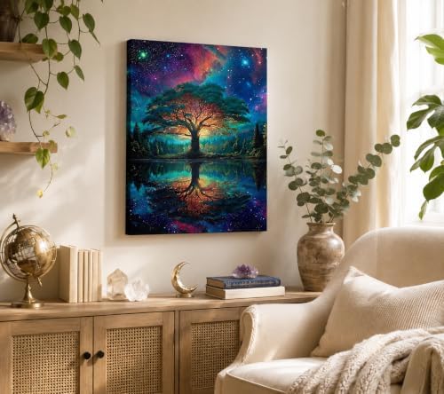 Framed Canvas Tree of Life Wall Art, Vibrant Galaxy Tree Lake Reflection Poster - Image 2