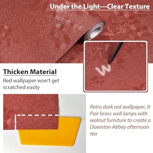 Red Wallpaper Burgundy Silk Texture Embossed Floral 118in17.7in - Image 2