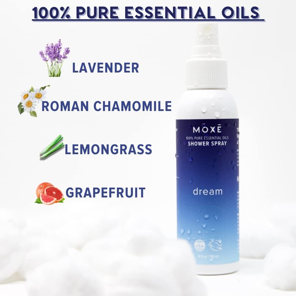 MOXĒ Dream Lavender & Chamomile Shower Steamer Spray, 100% Natural Certified Essential Oils, Bath Relaxation, Made in USA, 4 Ounces (2 Pack)