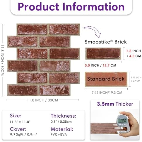 3D Peel and Stick Faux Brick Wall Panels 11.8" x 11.8" 10-Pack - Image 3