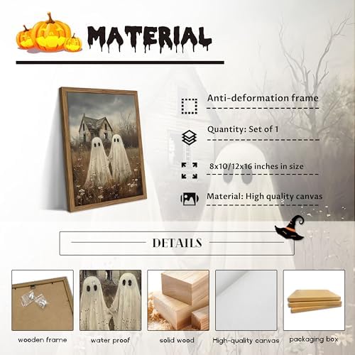 Framed Vintage Halloween Ghost Wall Art, Cute Two Ghost Holding Hands Canvas - Image 5